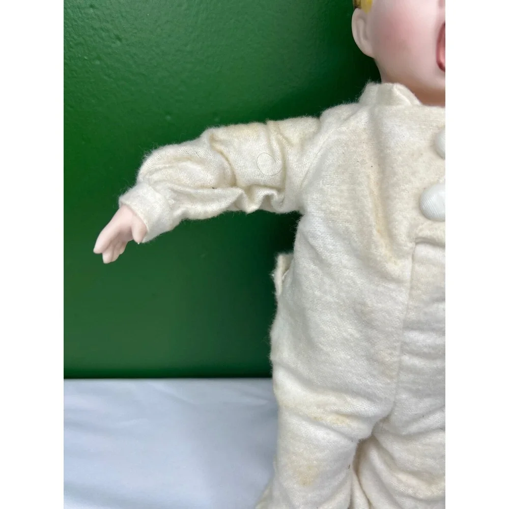 Vintage Porcelain Boy Doll Singing Yawning Open Mouth Cream Sleeper with Stand